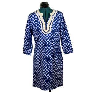 Pappagallo A-line Cotton Dress Blue and White Geometric Pattern Size 8
